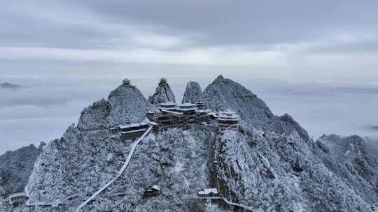 河南老君山冬季雪后云海大气航拍