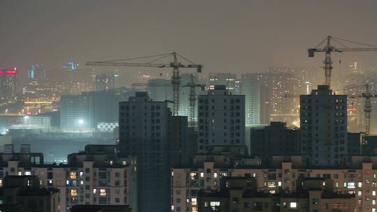 航拍夜晚杭州市区建筑工地