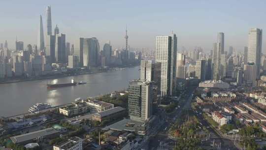航拍上海黄浦江两岸商务CBD办公大楼
