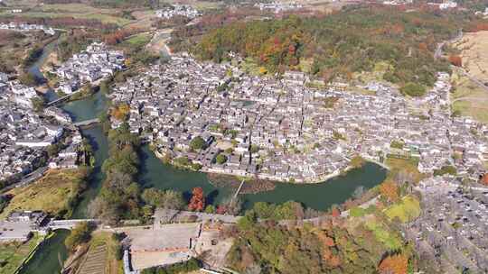 航拍江南水乡安徽宏村徽州徽派建筑