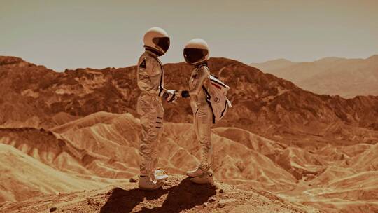 宇航员夫妇在沙漠中牵手
