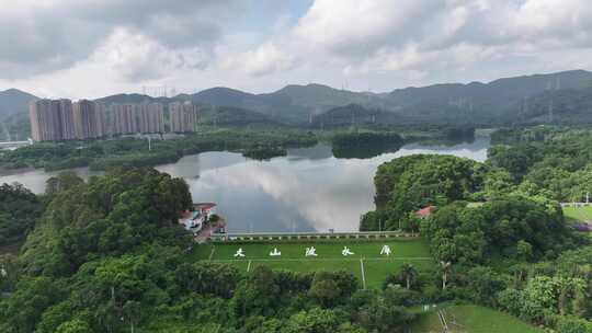 航拍深圳坪山泰和塔，大山陂水库，古塔山水