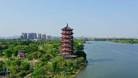 东莞航拍华阳湖湿地公园华阳塔左环绕