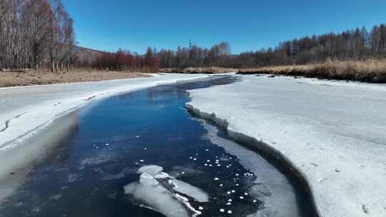 内蒙古林区冬去春来河开雪景