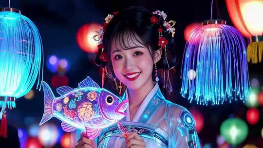 古装女子手持福鱼灯笼