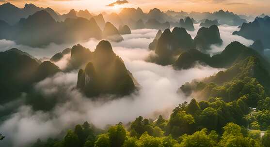 桂林山水合集山峰云海群山云雾缭绕自然风景