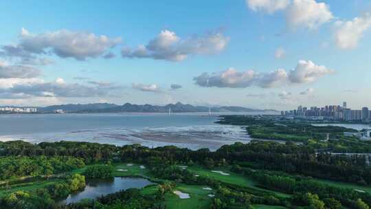 4K原创深圳沙河高尔夫深圳湾大景航拍视频