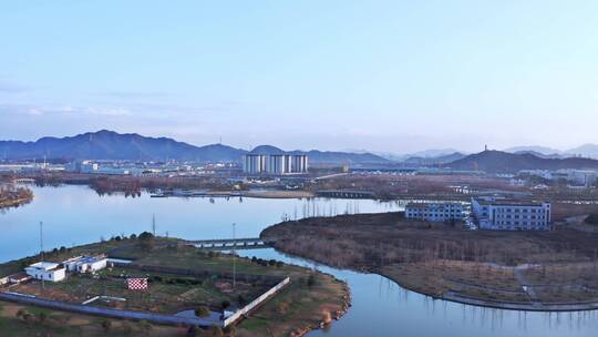 航拍杭州萧山著名景点湘湖风景区