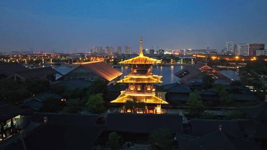 上海松江广富林文化遗址夜景航拍视频素材模板下载