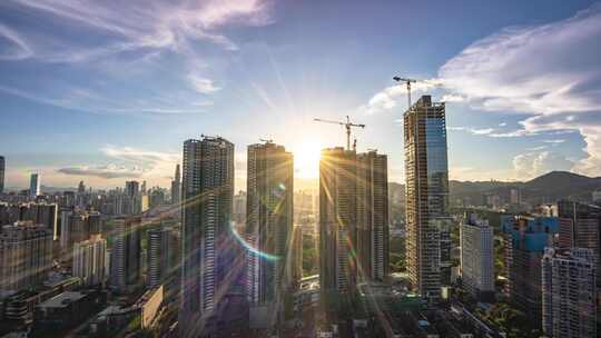 超级震撼城市建筑工地落日夕阳余晖光芒万丈