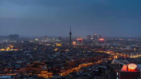 新疆喀什古城少数民族建筑群全景日落延时