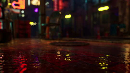 夜晚亚洲城市潮湿街道上的霓虹灯