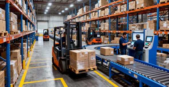 仓库工人操作叉车与货物分拣