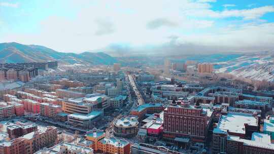 阿勒泰市冬日城市景航拍4k视频素材模板下载