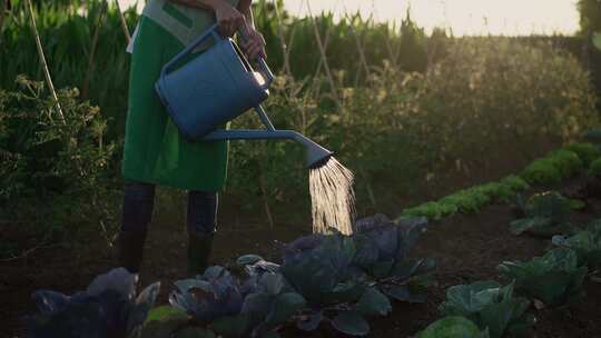 女人在菜园里给植物浇水视频素材模板下载