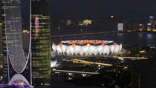 杭州亚运会奥体中心夜景长焦航拍