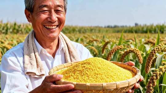 农作物粮食丰收农民喜庆笑脸各种粮食