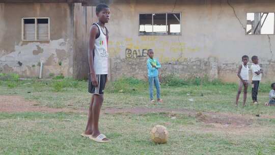 贫困非洲小孩踢足球