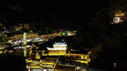 航拍湖南湘西凤凰古城4A景区夜景