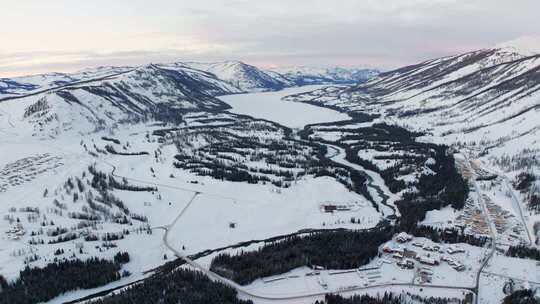 新疆阿勒泰地区喀纳斯景区雪景航拍