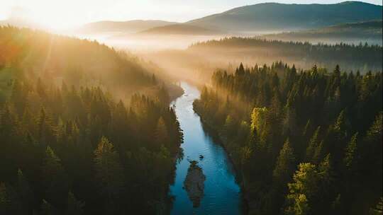 重阳节晨雾森林河流唯美治愈风光视频