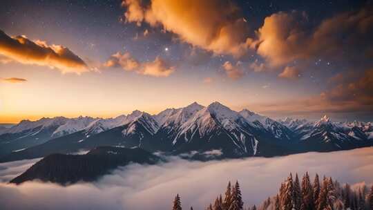 雪山云海星空全景