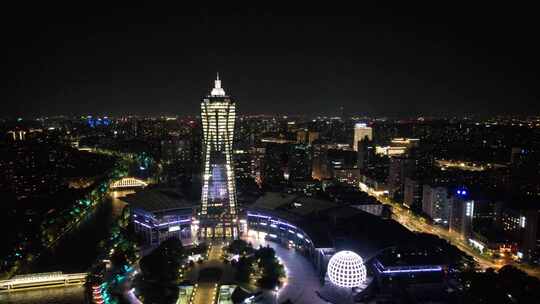 浙江杭州西湖文化广场夜景灯光航拍