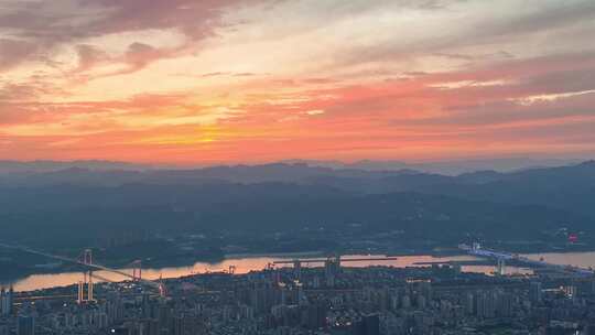 航拍宜昌城市晚霞风景