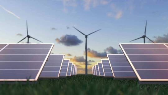 草地上光伏太阳能风能发电站新能源3D动画