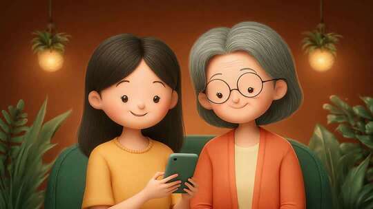 卡通祖孙温馨相伴使用手机