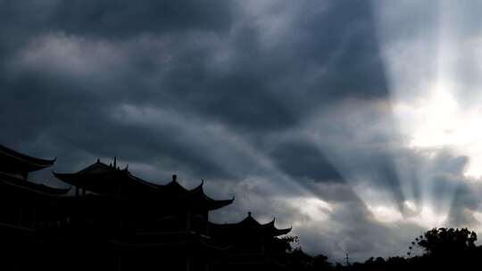 中式古建筑乌云满天风起云涌延时丁达尔光效