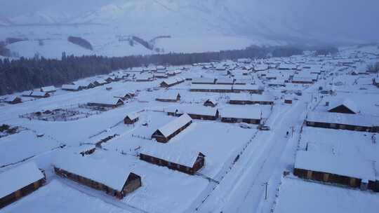 雪山森林河流村庄航拍