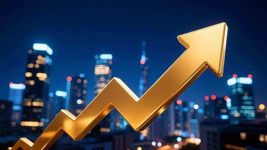 城市夜景中的金色上升箭头