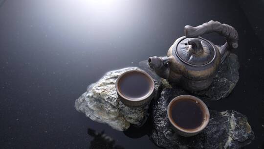 水面上的茶壶与茶杯