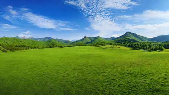 蓝天白云广阔绿色草原旅行草地风景