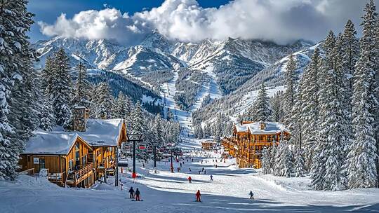 雪山下的滑雪度假村全景