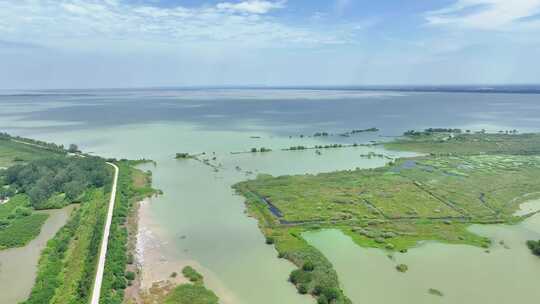 航拍湖泊堤防沿岸湖滩滩涂湿地岛屿绿洲空镜