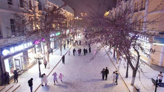 哈尔滨中央大街夜晚雪景航拍