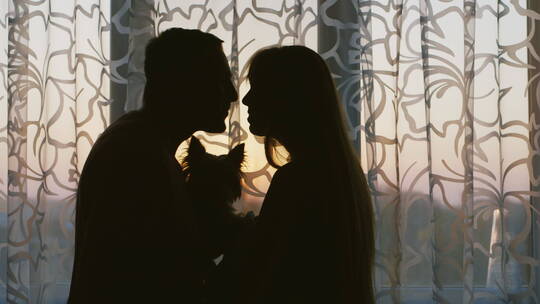 一对幸福的夫妇站在窗边亲吻的剪影