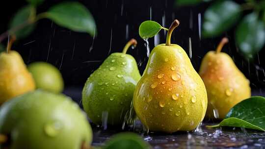 带水珠新鲜梨子特写画面