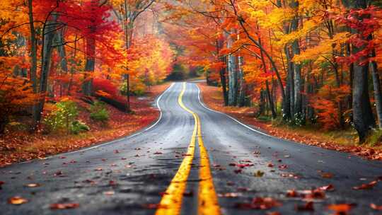 秋天森林公路风景