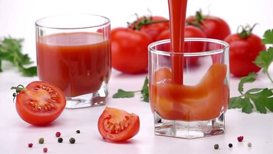 将番茄汁倒入玻璃杯