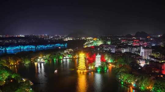 广西桂林日月塔夜景晚霞航拍