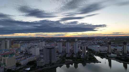 内蒙古满洲里市夏季日落城市风光