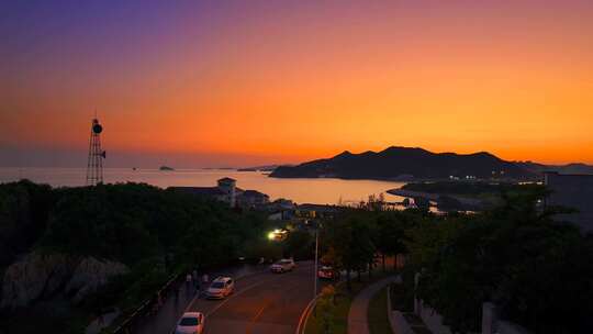 大连琥珀湾落日 海边夕阳 城市夜景