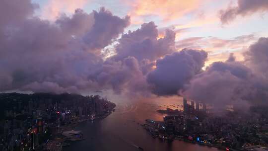 香港维多利亚港日落穿云大景航拍视频素材模板下载