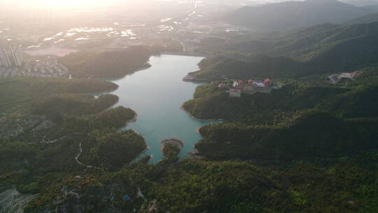 珠海金台寺佛教寺庙夕阳水库航拍