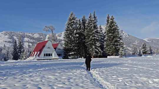 女人从雪地上走向小木屋