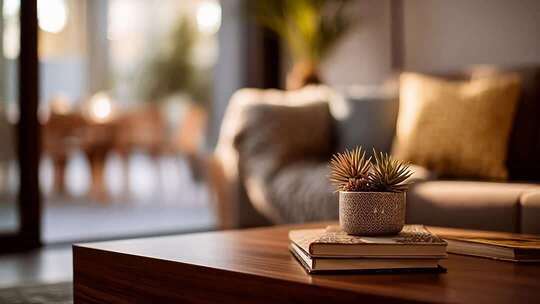 室内茶几上的书籍与盆栽
