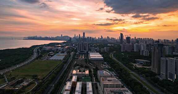 航拍延时深圳市区夕阳火烧云宣传片